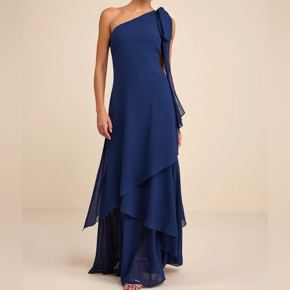 Lulus Camellia Navy Blue One Shoulder Bow Chiffon Floor Length Dress size Medium
